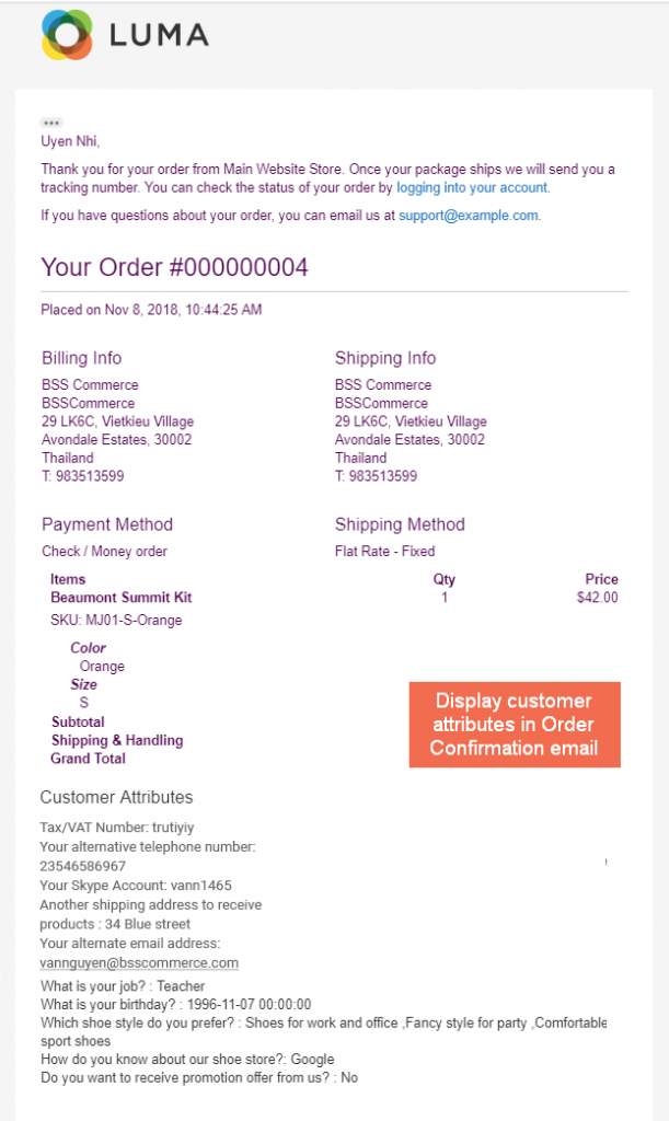 customer attribute in order confirmation email