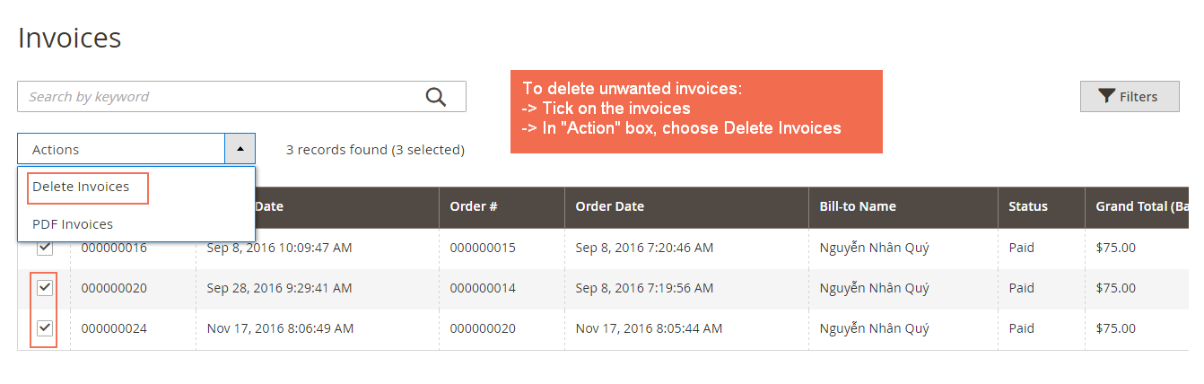pick invoices to delete in Magento 2