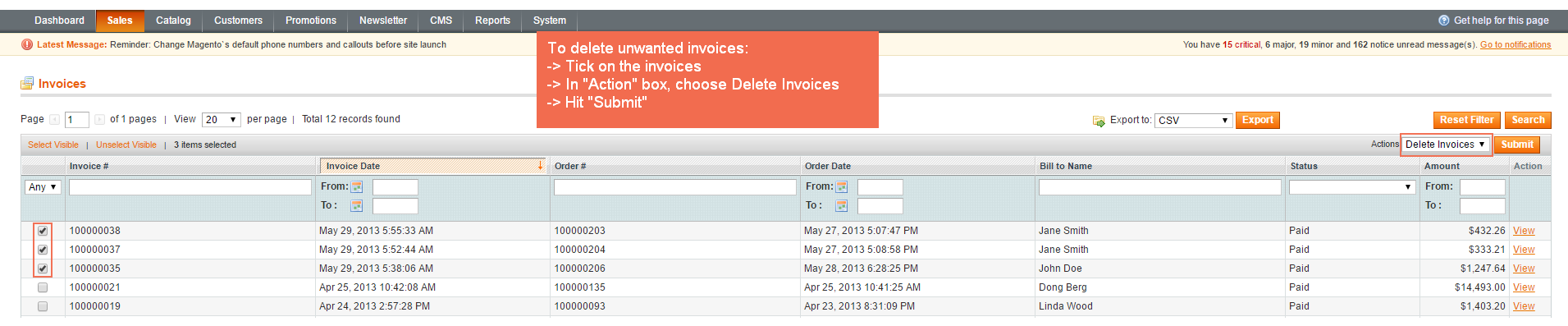 pick invoices in grid to delete
