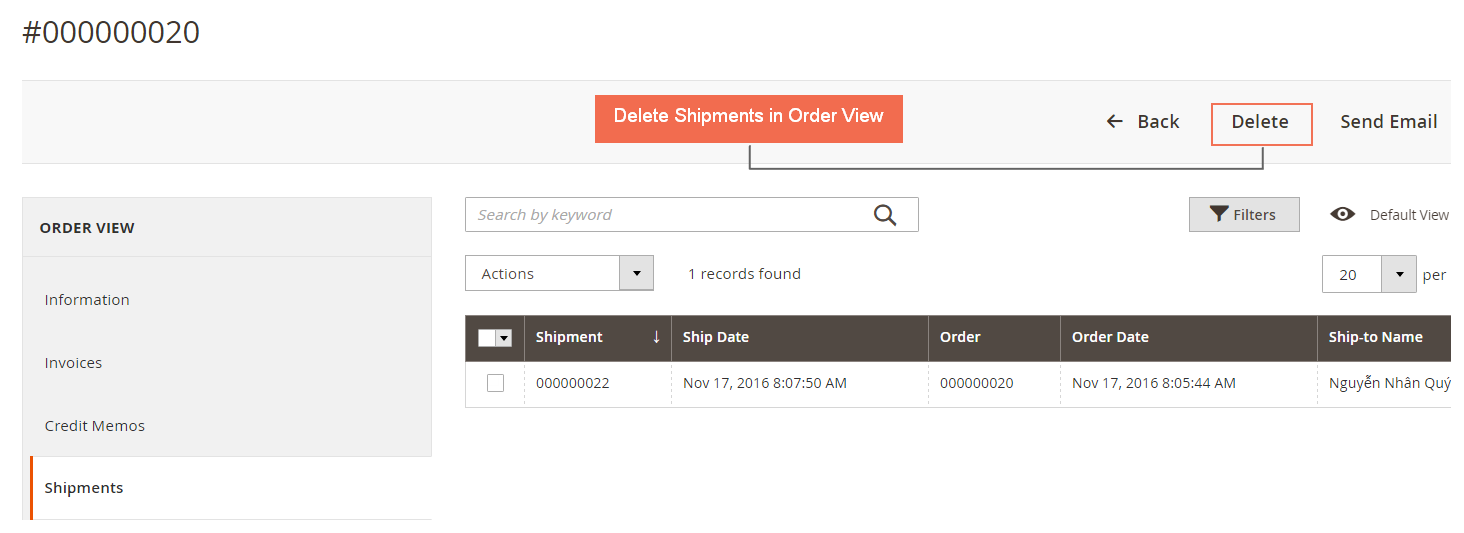 delete shipment in shipment tab of order detail page