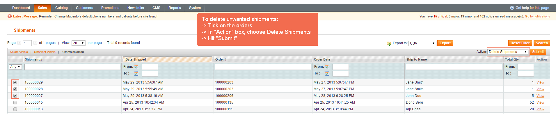 pick shipments in grid to delete