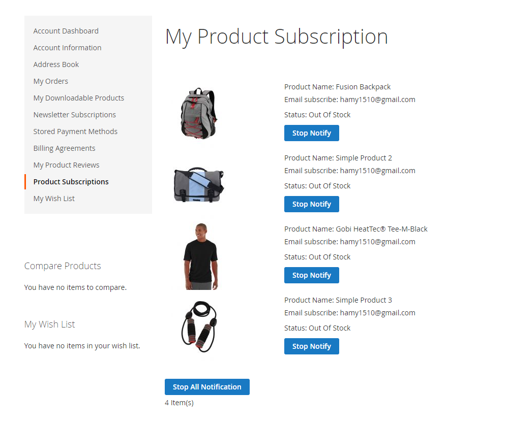 Product Subscription List on Magento 2 Customer Account Page