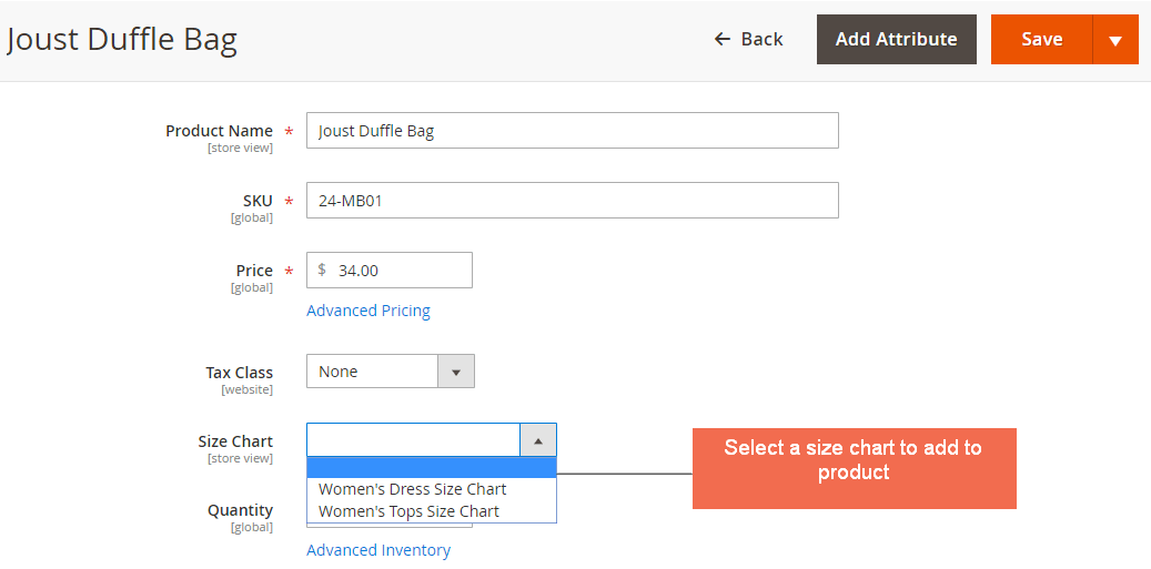 Assign a size chart to specific product