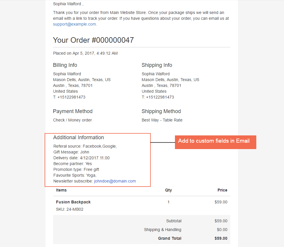 email with Checkout Custom Fields sent to customers