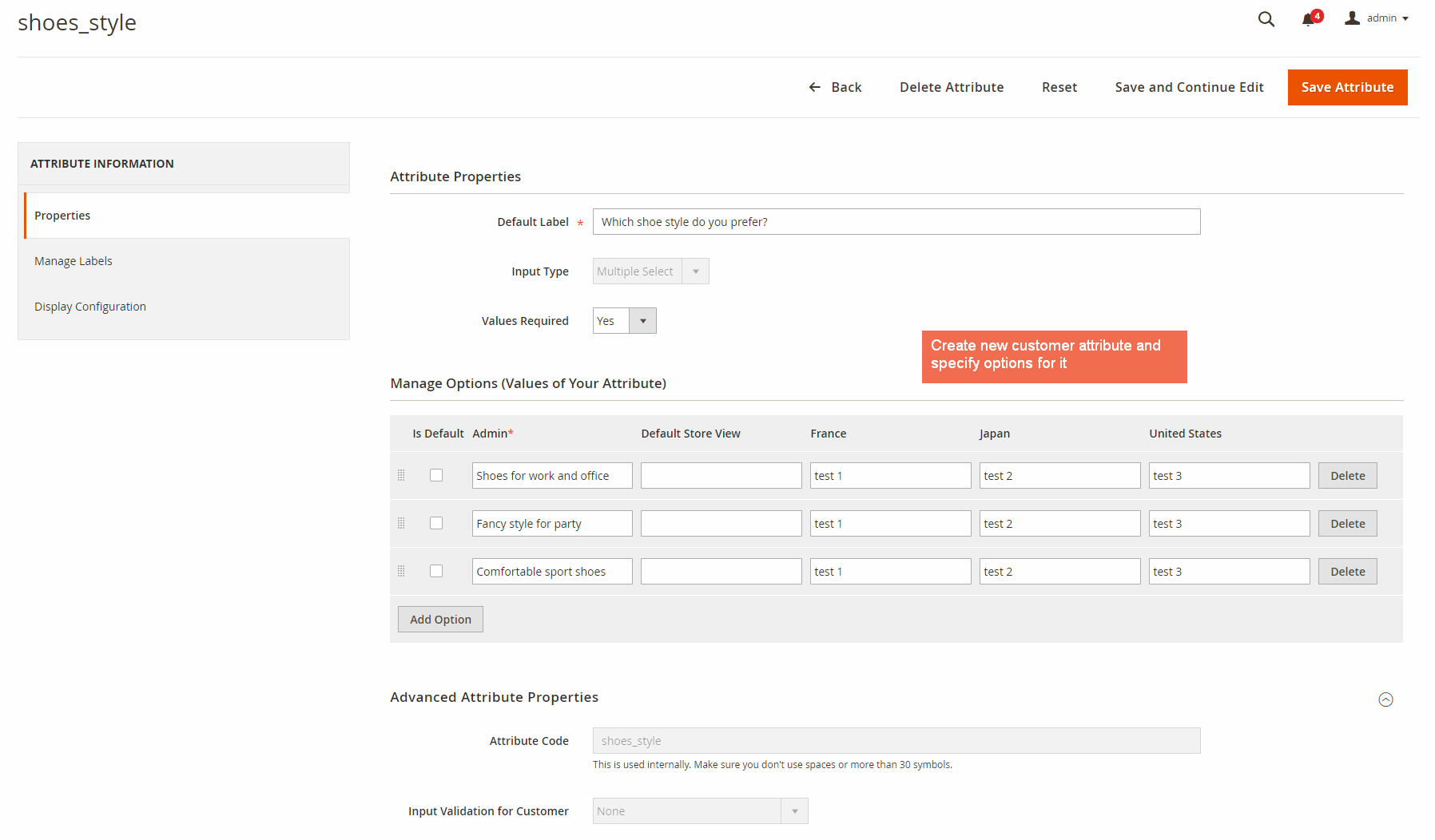 define properties of Magento 2 customer attributes