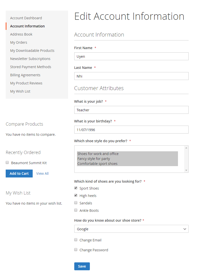 display Magento 2 customer attributes on Account Dashboard