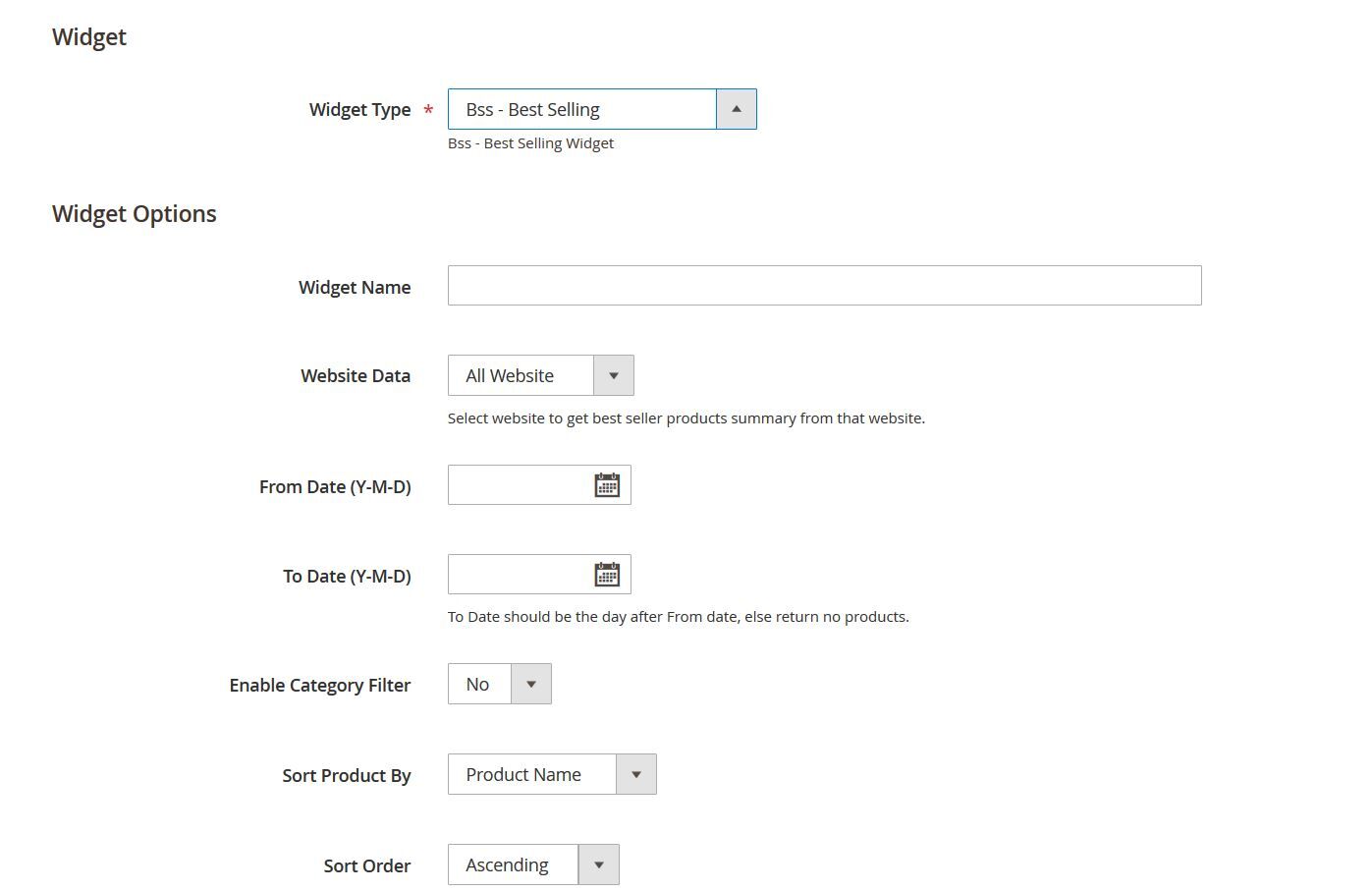 Widget Options supported by Products Widget Sliders for Magento 2 extension