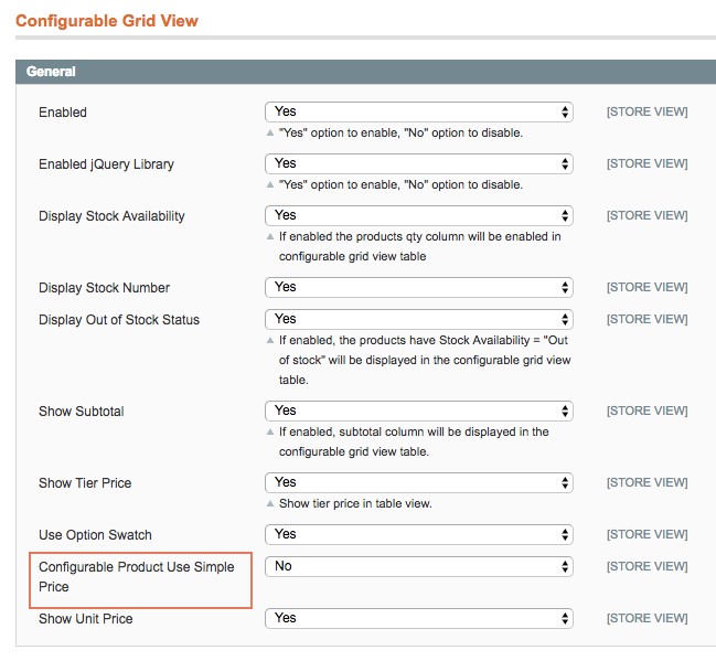 general configurations of Magento Pro Configurable Product Grid Table View