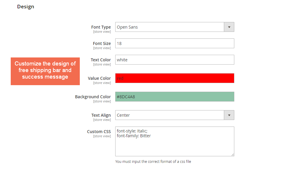 Design Settings of Magento 2 Free Shipping Bar extension